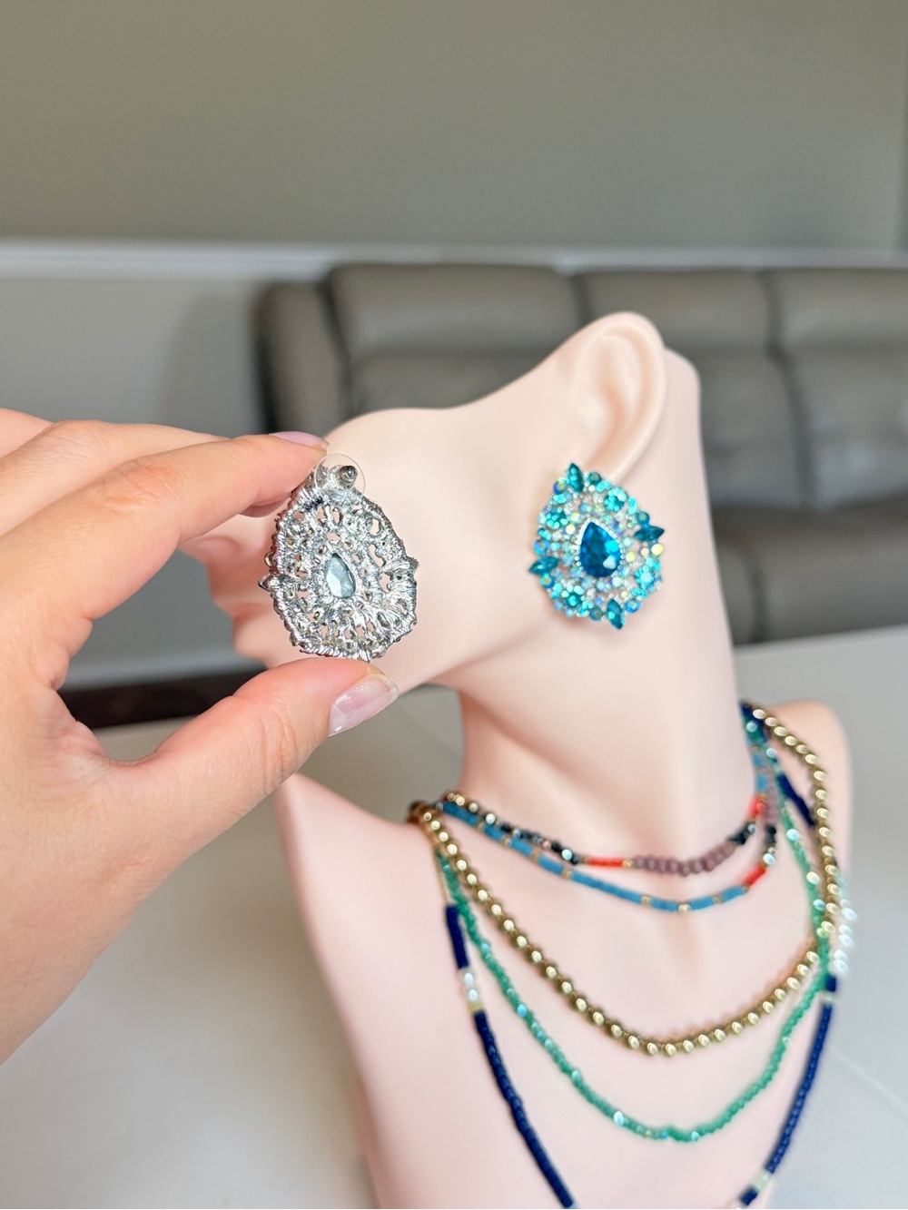 Crystal Teardrop Cluster Earrings in Aqua Blue - Picture 7 of 10